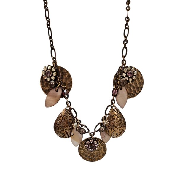 Liz Palacios Hammered Disc Copper Pearls, Pink Crystal, Rhinestone Necklace L470 - Picture 3 of 8